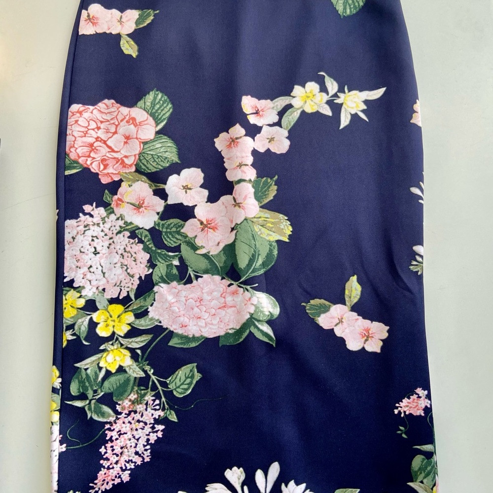 Blue floral-print waist pencil skirt